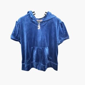 Juicy Couture Blue Velour Short Sleeve Zip Hoodie Crystal Logo L NWT